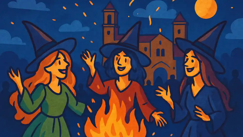 Ilustración digital colorida de un aquelarre en Cervera, con tres brujas alrededor de una hoguera, bajo un cielo nocturno con una luna llena y un edificio medieval de fondo.