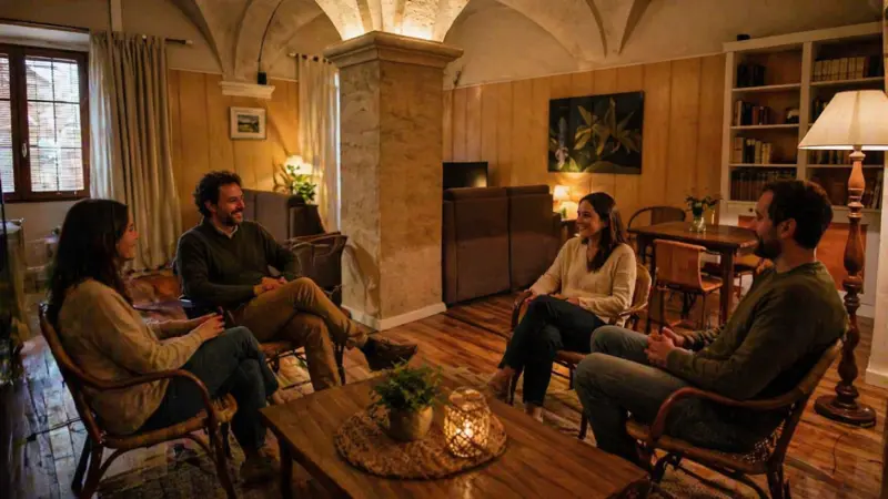 Grupo de adultos relajados en casa rural en Lleida ideal para estancias tranquilas